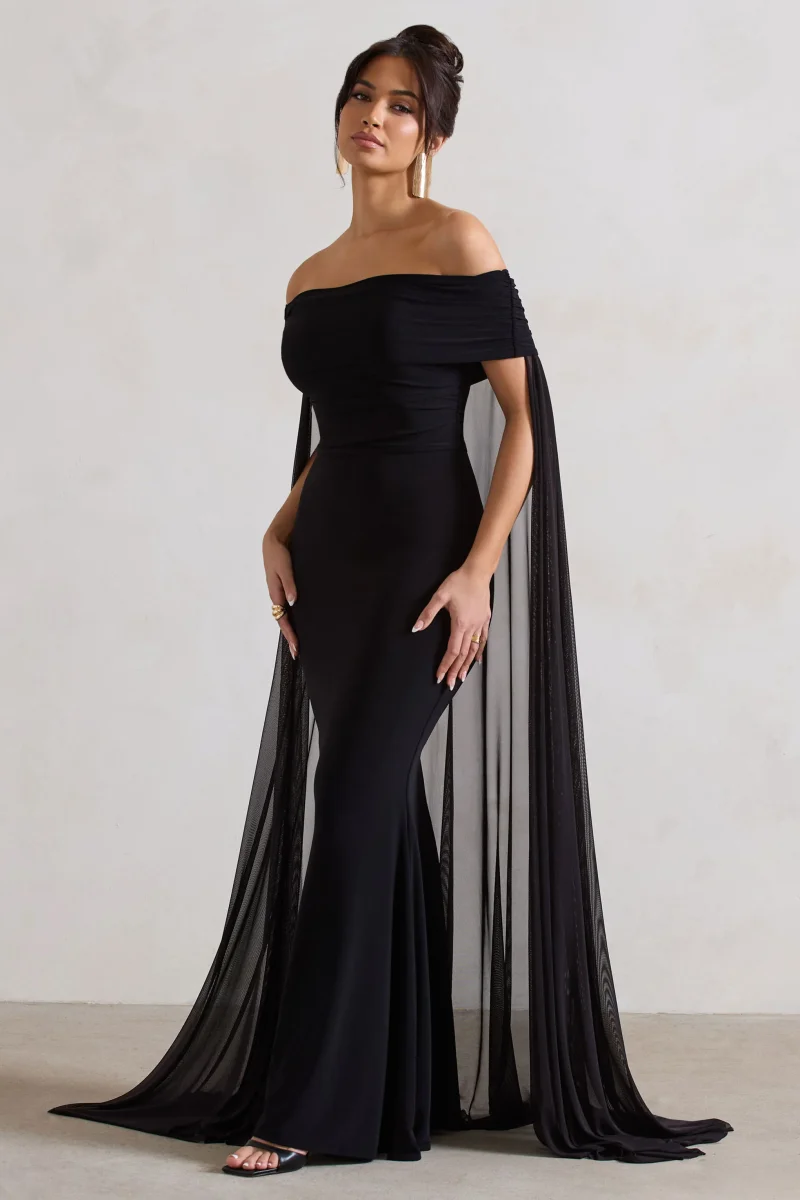 Carlotta | Vestido largo negro ajustado con capa de gasa y escote bardot - Imagen 5