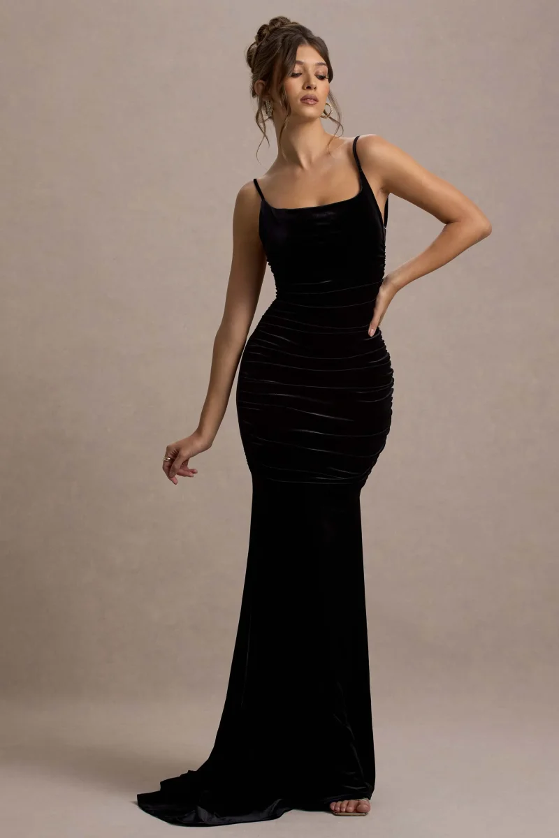 Adele | Vestido Largo Cola de Sirena con Tirantes y Fruncido de Terciopelo Negro - Imagen 5