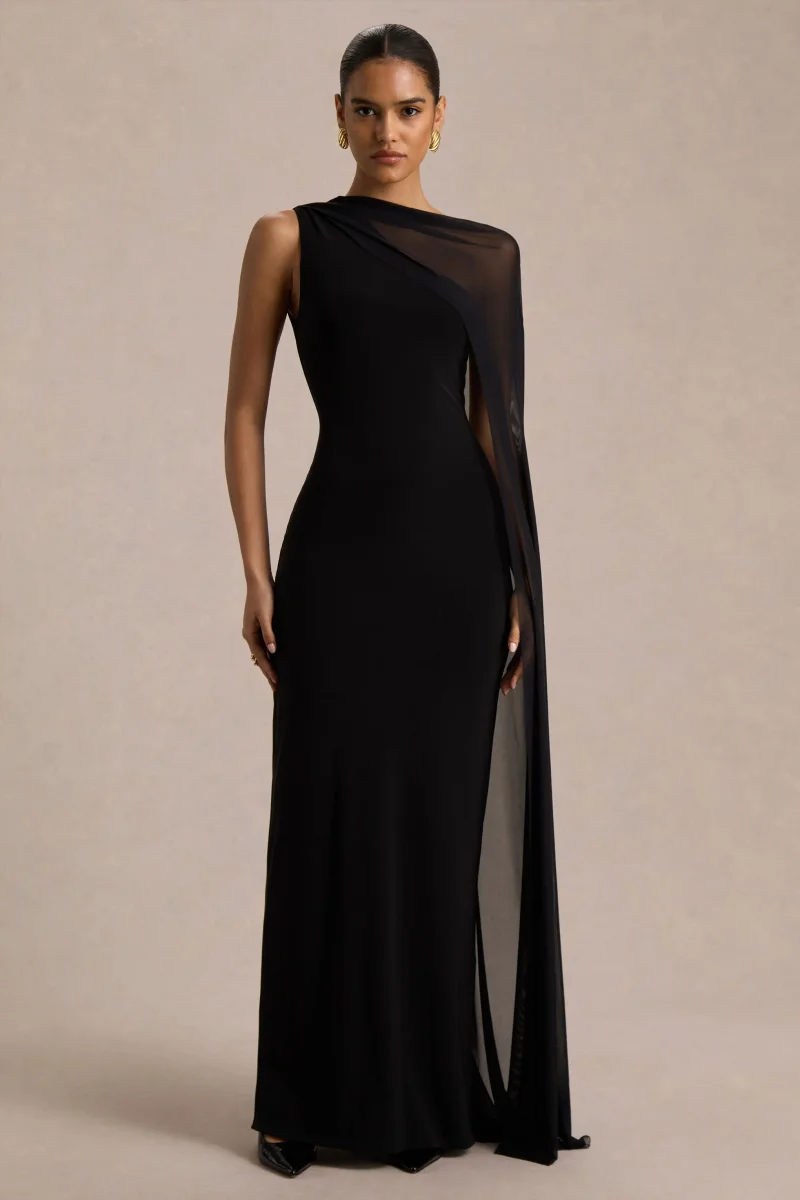 Mirelle | Vestido Largo negro con escote asimétrico y manga-capa transparente - Imagen 5