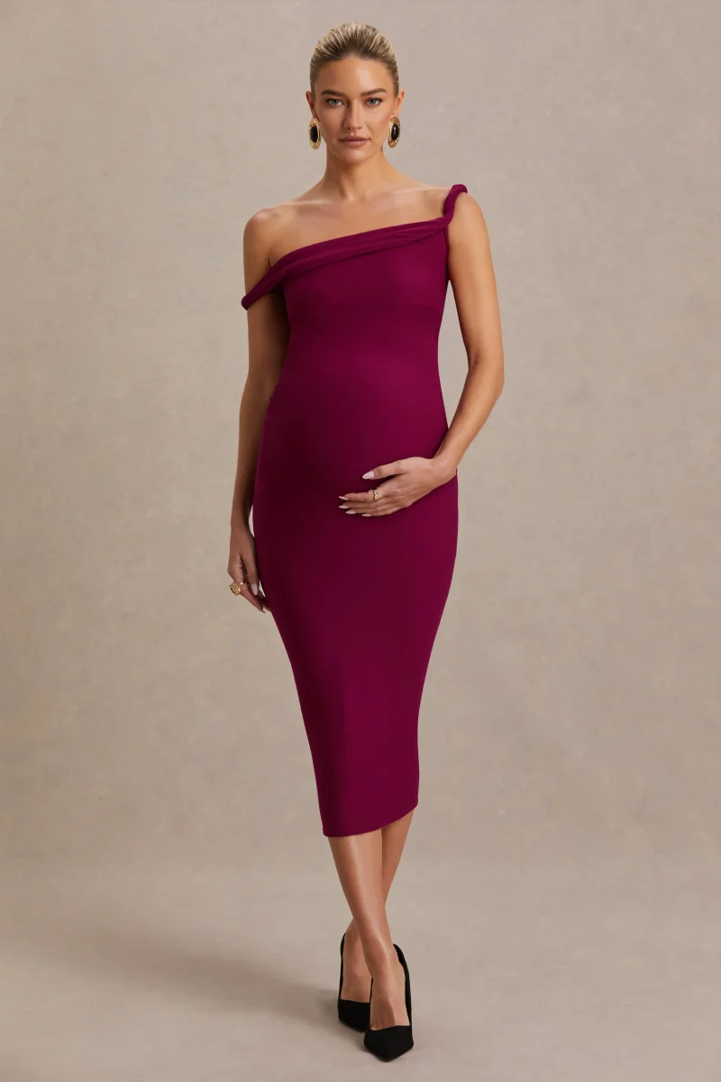 Salome | Vestido premamá midi burdeos con escote asimétrico drapeado - Imagen 6