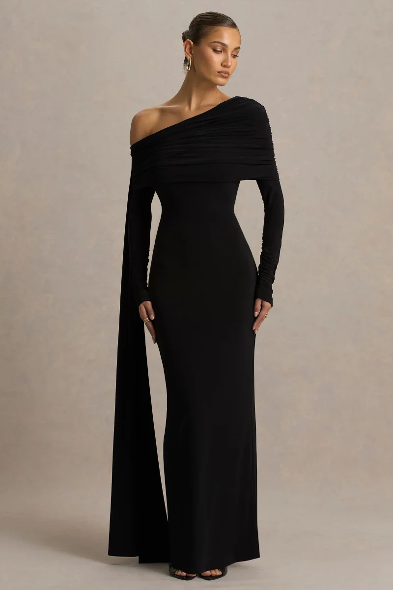 Octavia | Vestido Largo Negro Con Escote Bardot Capa Y Detalles Fruncidos - Imagen 5