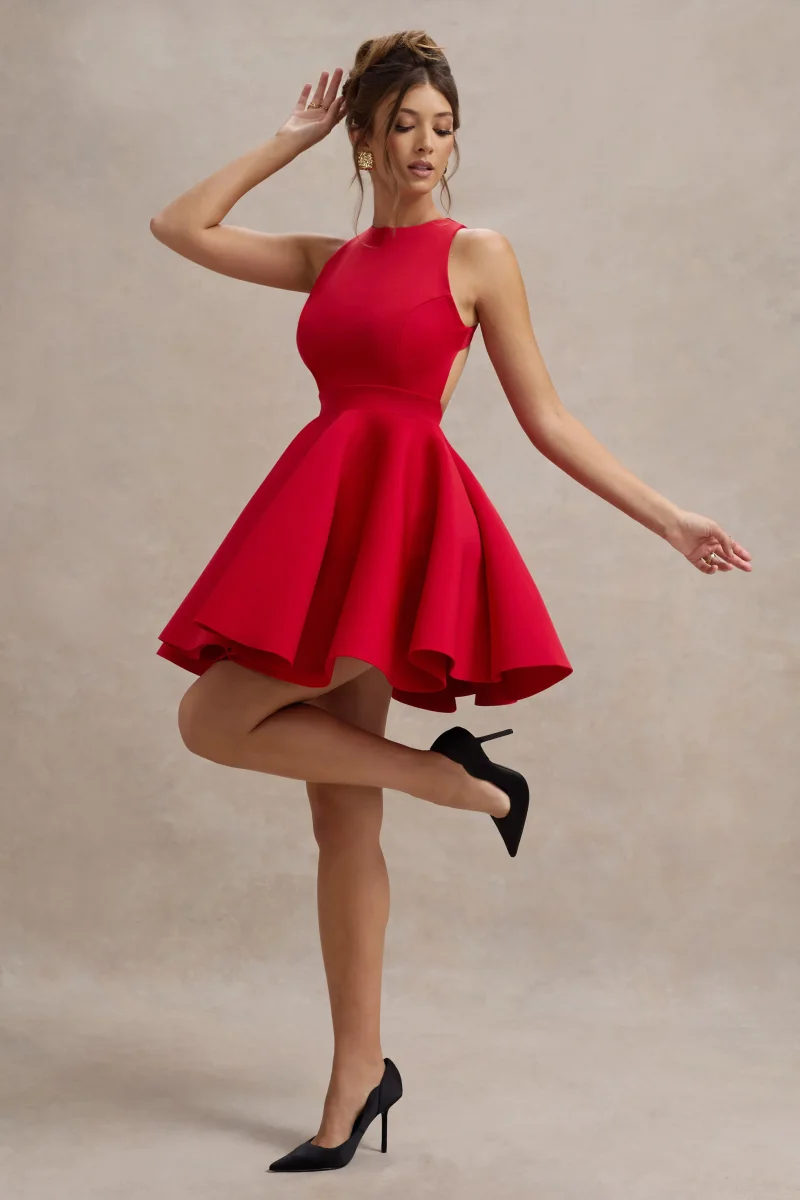 Waverly | Vestido corto en rojo con espalda abierta y falda skater - Imagen 5
