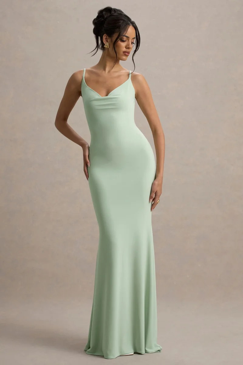 Francoise | Vestido largo Verde Claro con Escote Drapeado y Espalda Descubierta con Encaje - Imagen 3
