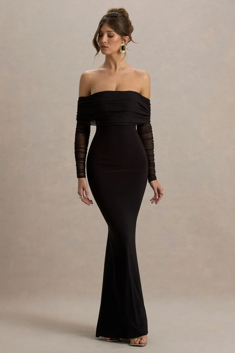 Madeleine | Vestido largo Negro ajustado al cuerpo con mangas largas de malla y escote bardot - Imagen 5