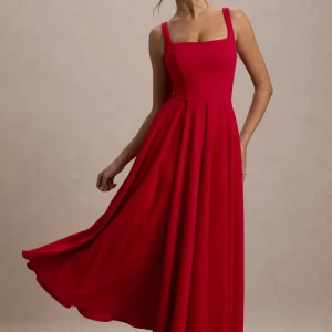 Parina | Vestido midi rojo con escote cuadrado y falda voluminosa
