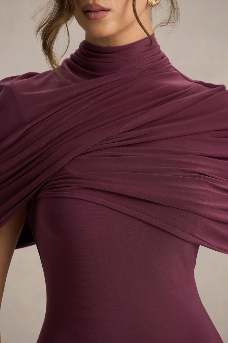 Cleora | Vestido largo burdeos con detalle de capa retorcida - Imagen 7