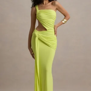Giovanna | Vestido largo en verde lima con detalles cut out y drapeados