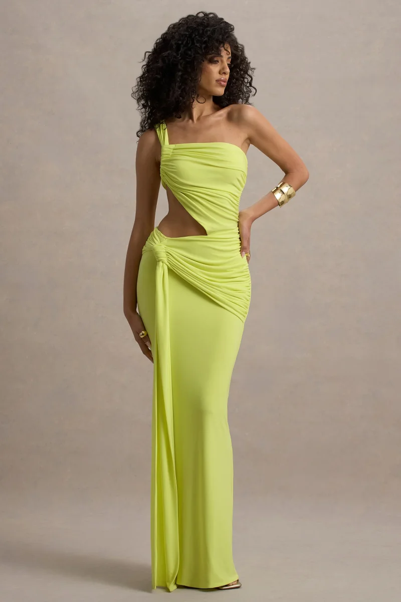 Giovanna | Vestido largo en verde lima con detalles cut out y drapeados - Imagen 2