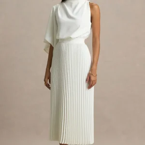 Jimena | Vestido Midi En Color Crema De Manga Larga con Cuello Alto y Detalles Plisados