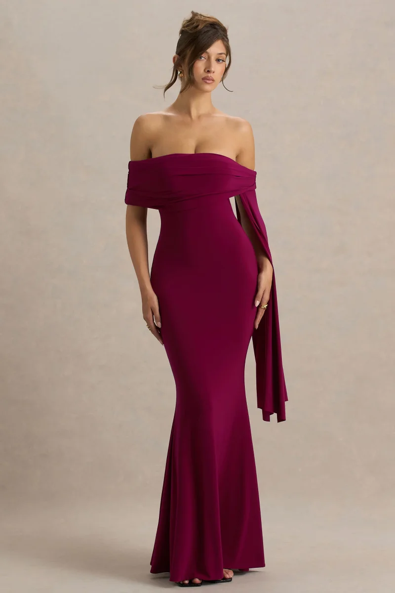 Saffina | Vestido Largo Burdeos con Escote Bardot y Detalle de Fajín - Imagen 6