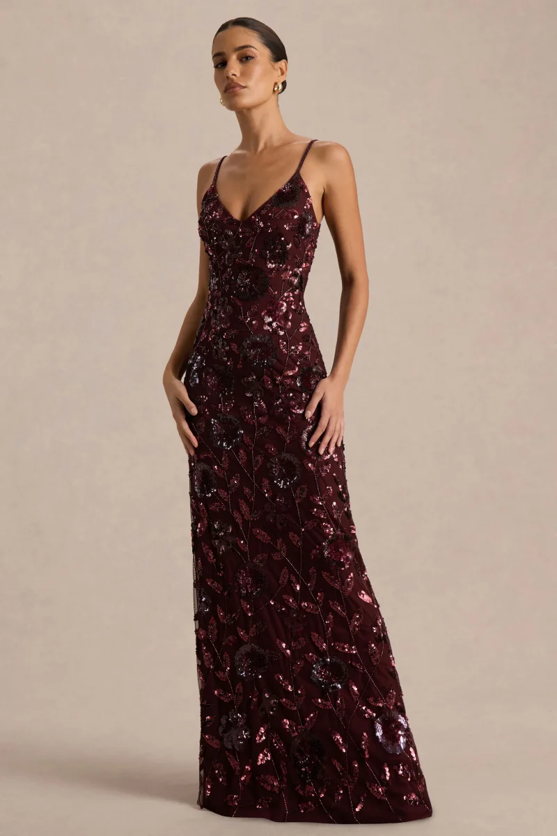 Gemini | Vestido Largo burdeos con estampado floral embellecido y tirantes - Imagen 6