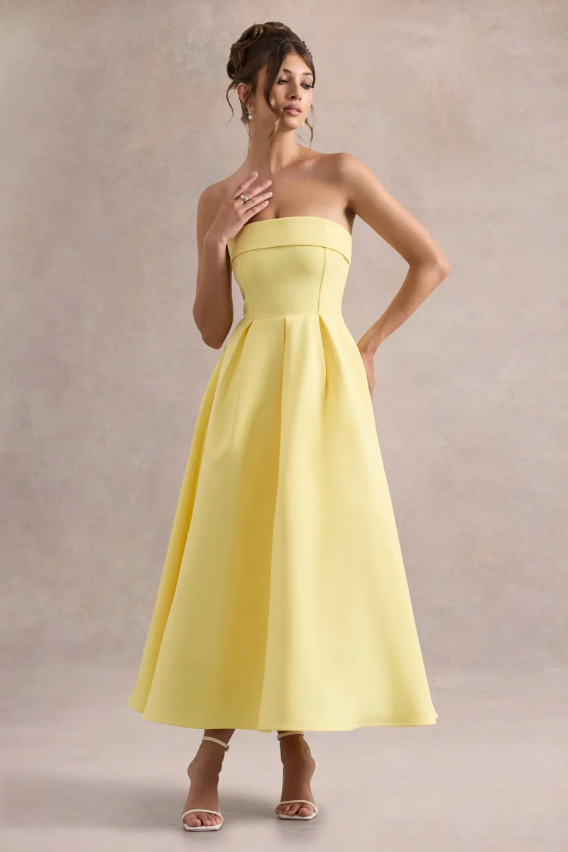 Annalise | Vestido midi en amarillo limón con escote bandeau y falda plisada - Imagen 2