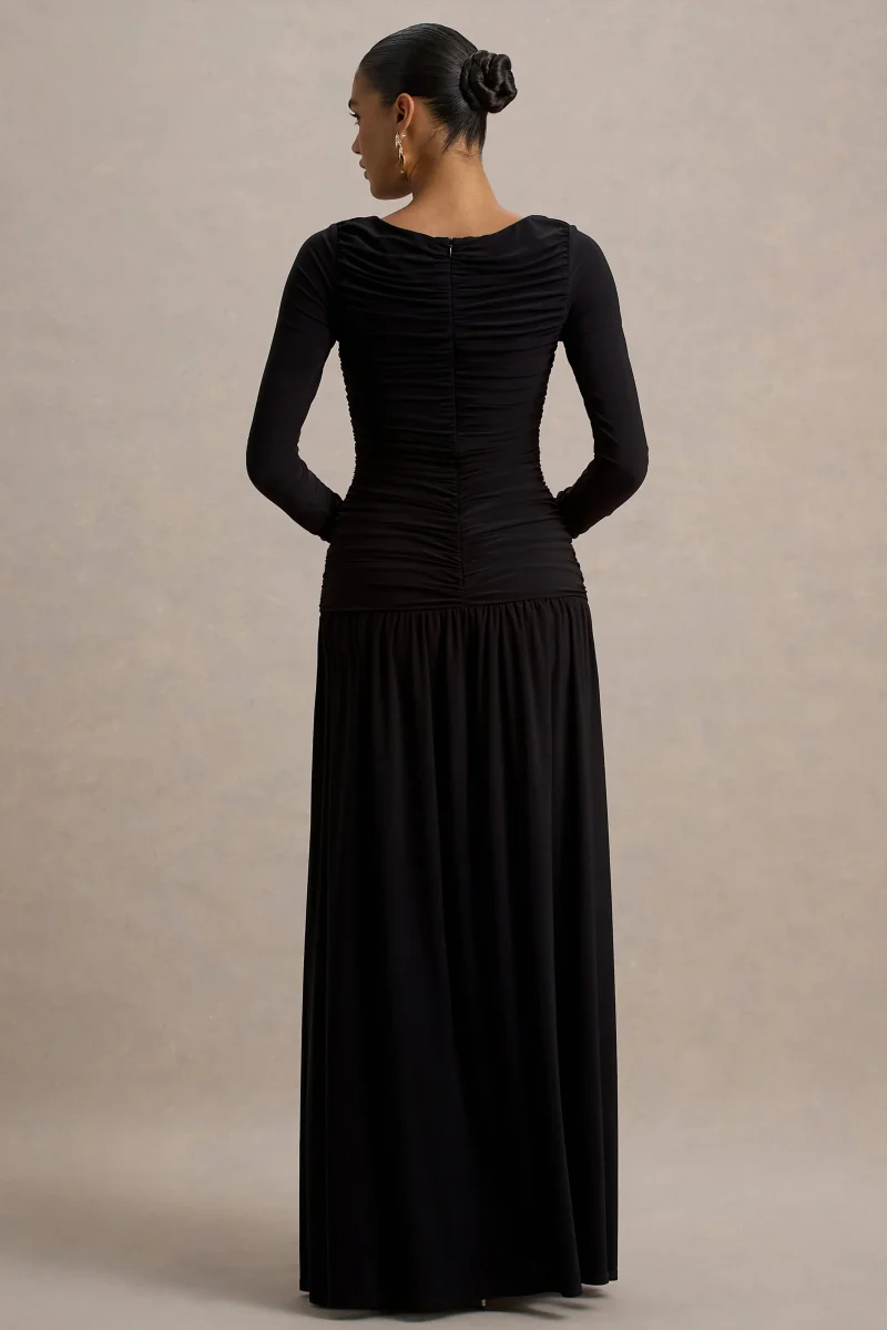 Aniyah | Vestido Negro Largo con Cuello Alto y Detalles Fruncidos - Imagen 3