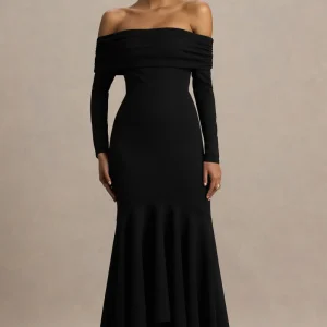 Everlasting | Vestido Largo Negro de Escote Bardot con Cintura Caída