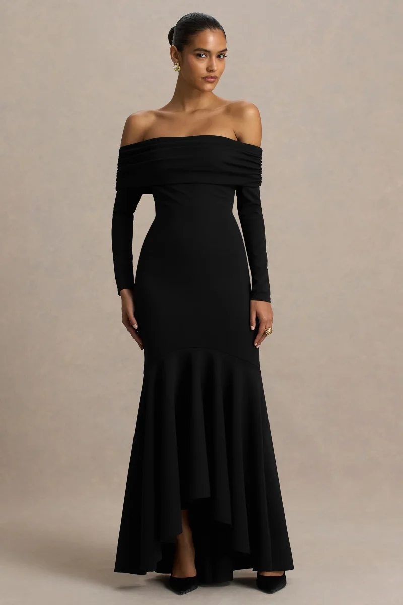 Everlasting | Vestido Largo Negro de Escote Bardot con Cintura Caída - Imagen 2
