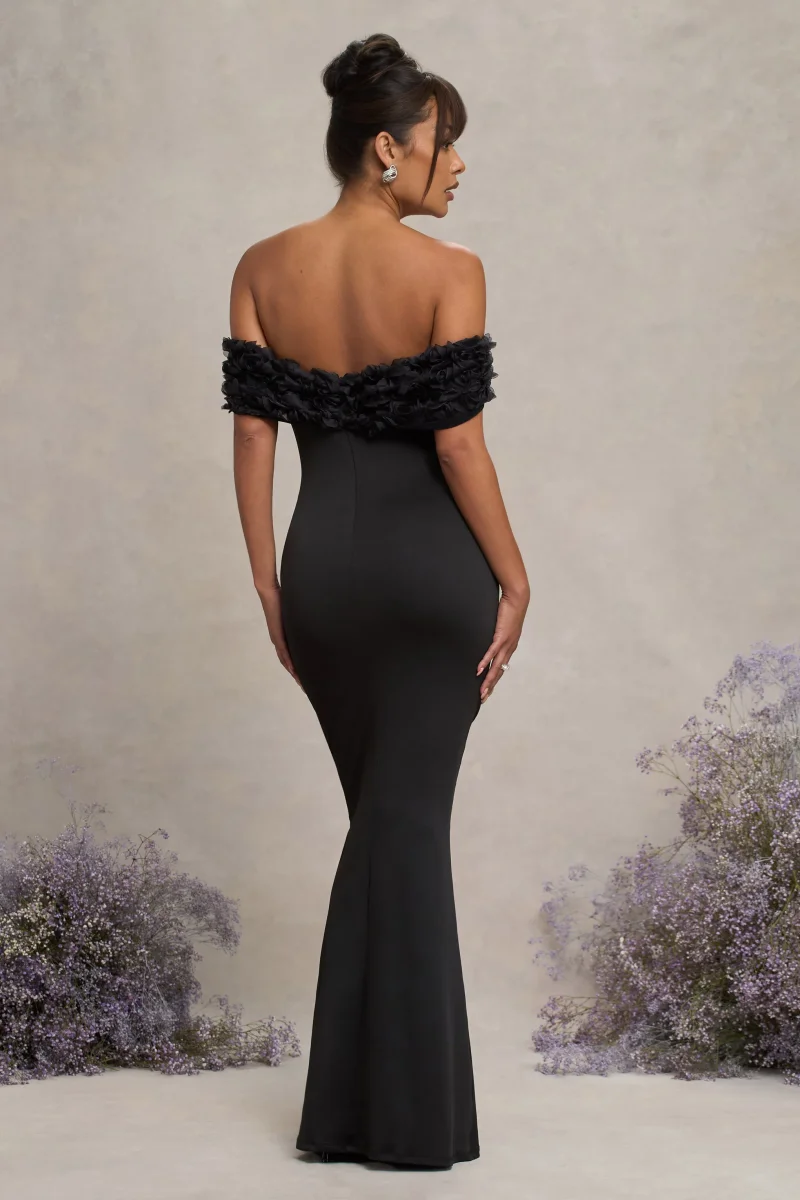 Inflorescence | Vestido largo de premamá negro con escote bardot floral de malla - Imagen 3