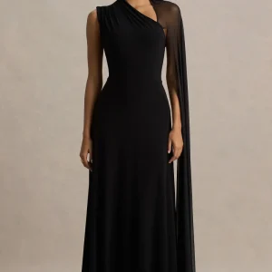 Selena | Vestido largo negro de tul con manga tipo capa
