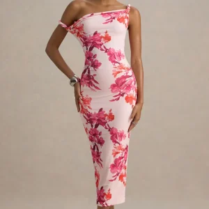 Tatian | Vestido midi entallado con escote asimétrico y estampado floral rosado