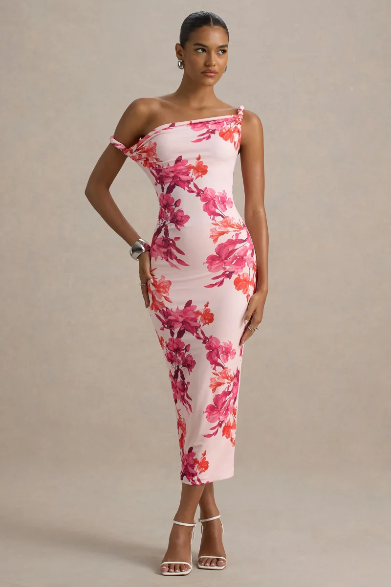 Tatian | Vestido midi entallado con escote asimétrico y estampado floral rosado
