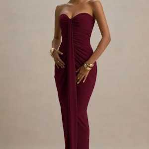 Ali | Vestido Largo Burdeos con Escote Corazón, Drapeado y Lazo