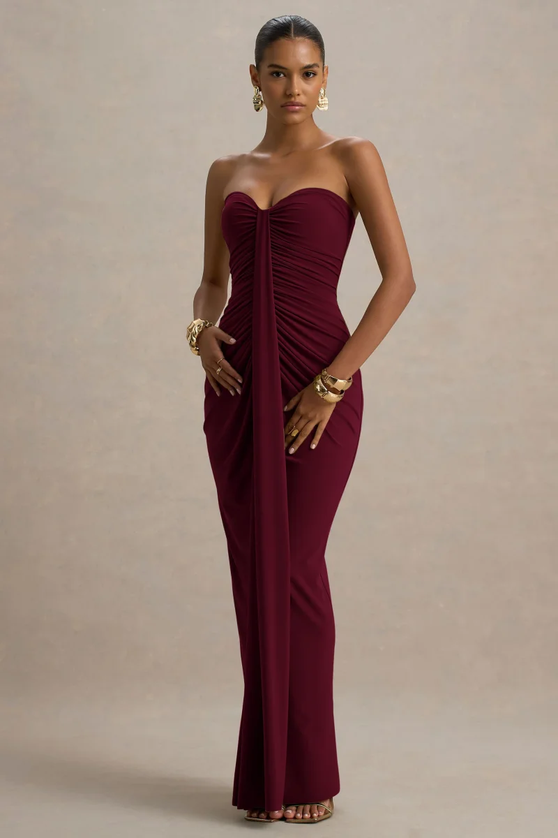 Ali | Vestido Largo Burdeos con Escote Corazón, Drapeado y Lazo