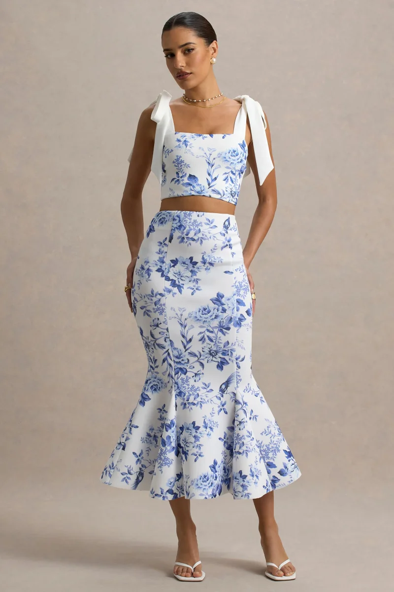 Amadea | Falda midi ajustada de talle alto con estampado de porcelana azul - Imagen 6