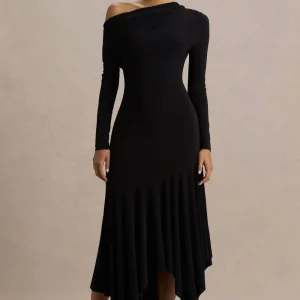 Isola | Vestido Midi Negro con Escote Asimétrico y Cintura Caída