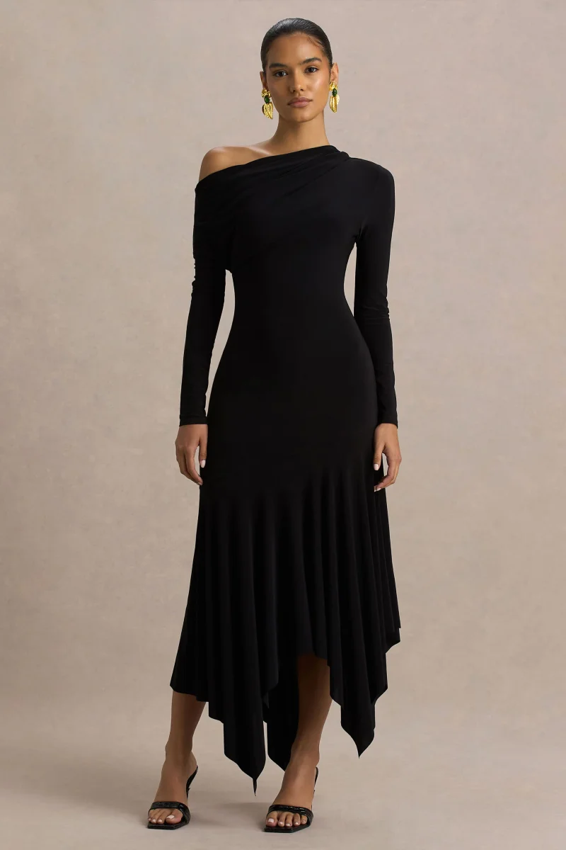 Isola | Vestido Midi Negro con Escote Asimétrico y Cintura Caída