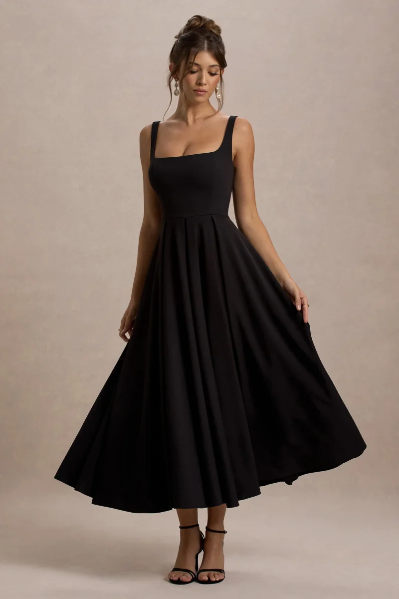 Parina | Vestido midi con escote cuadrado y falda plisada