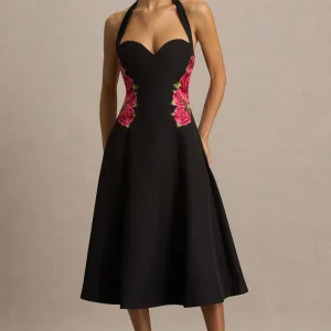 Tillie | Vestido Midi Negro con Escote Halter