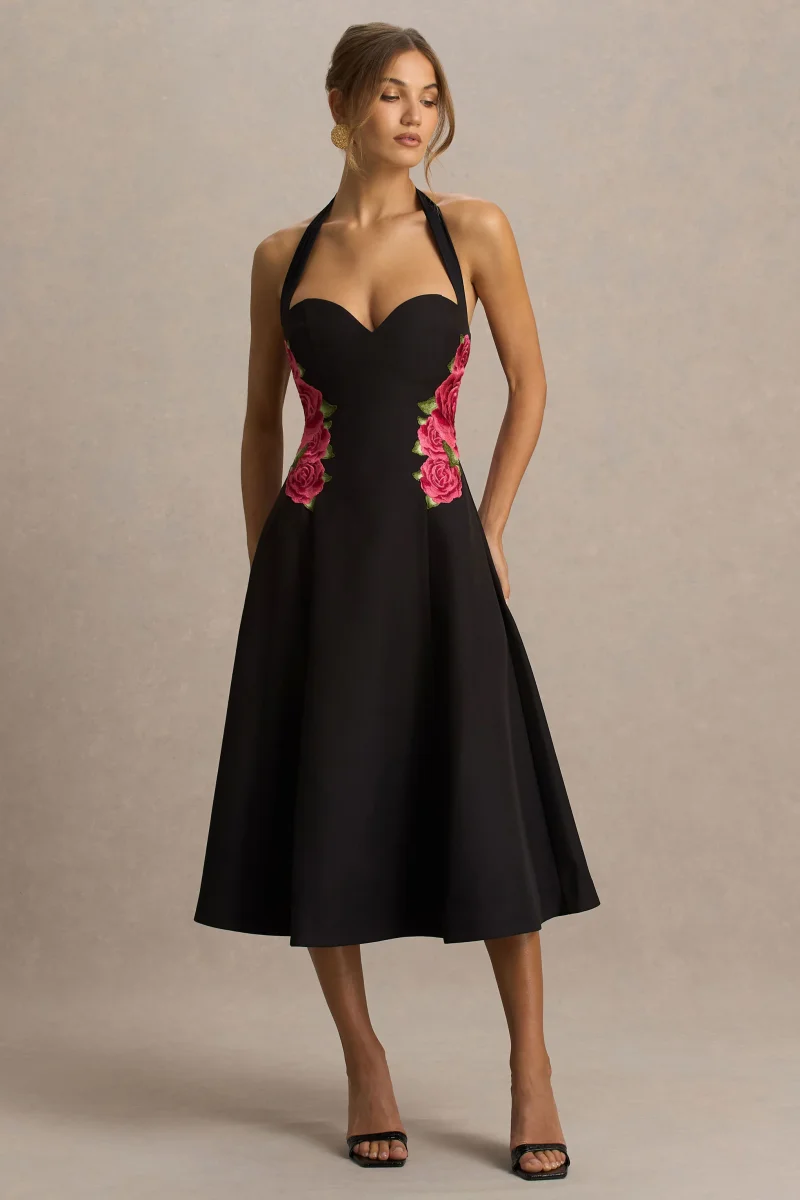 Tillie | Vestido Midi Negro con Escote Halter