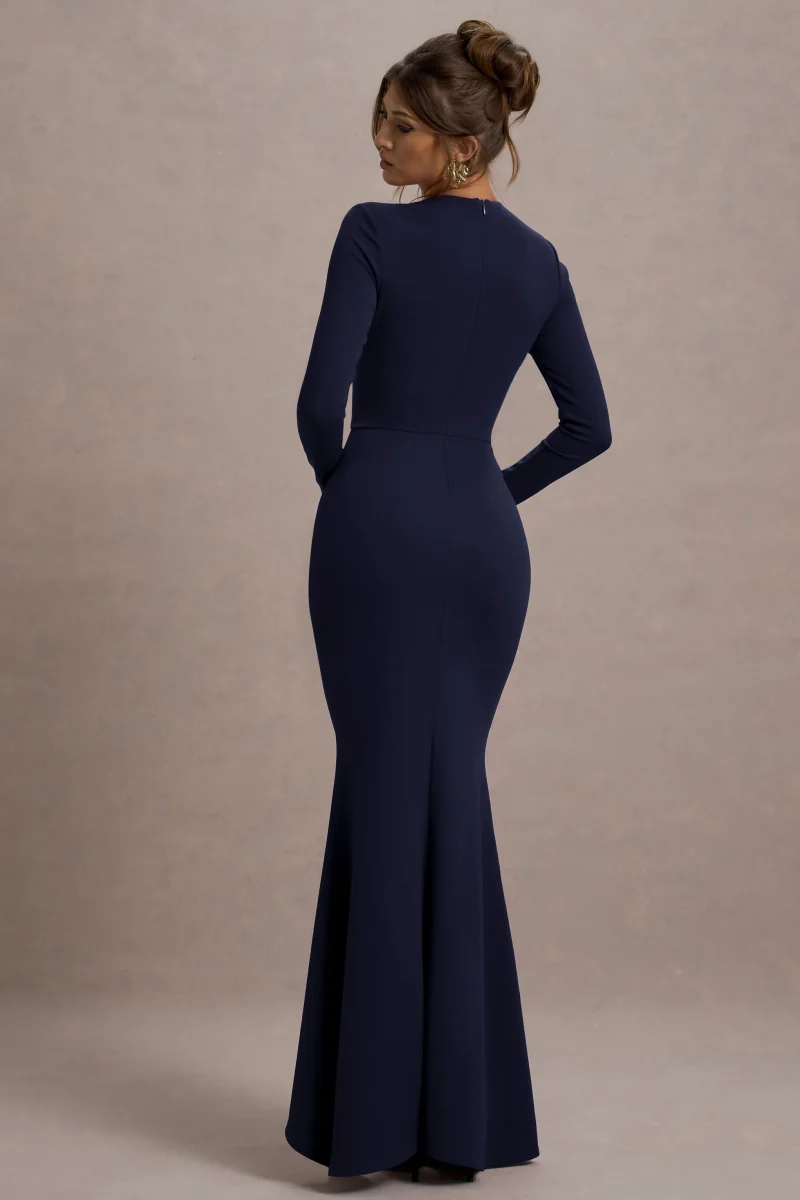 Alayna | Vestido largo ajustado al cuerpo de manga larga con volante lateral en color azul oscuro - Imagen 3