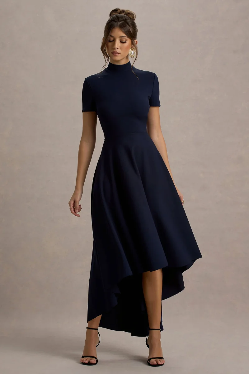 Bellona | Vestido midi azul marino con mangas cortas y falda asimétrica - Imagen 5