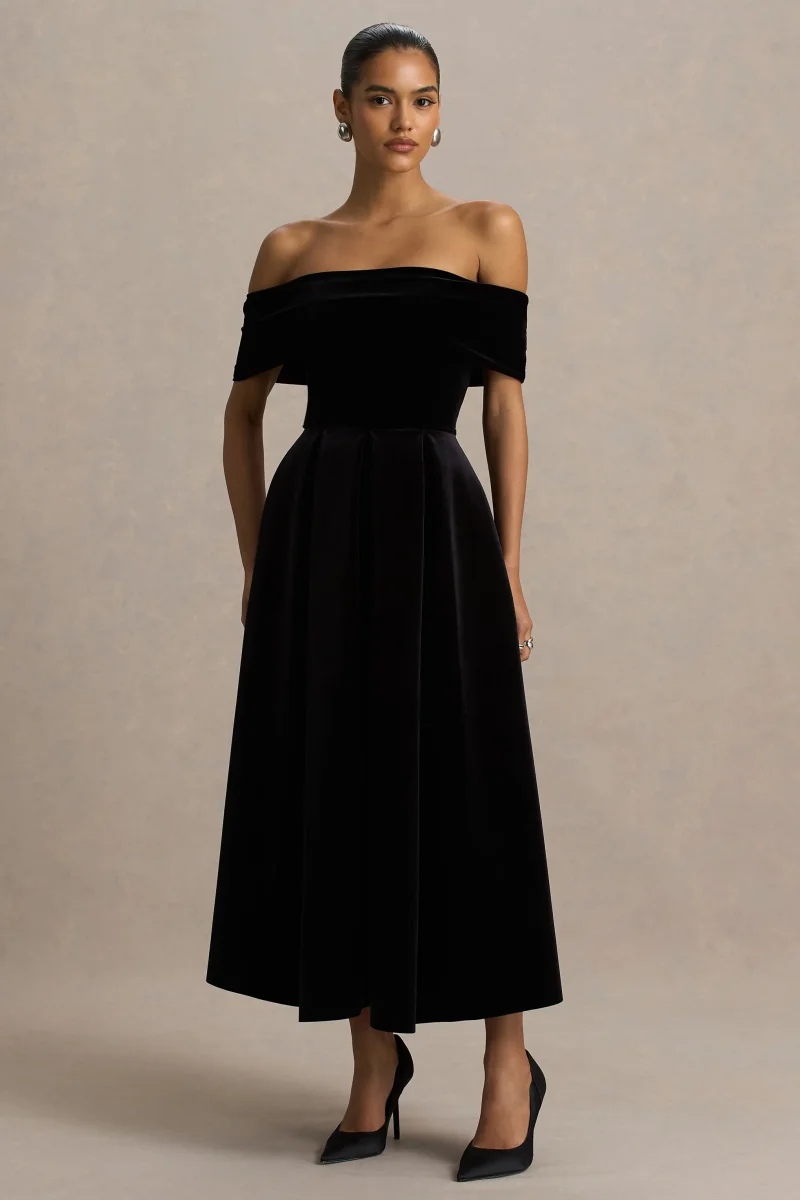 Ablaze | Vestido Midi Negro Con Escote Bardot - Imagen 6