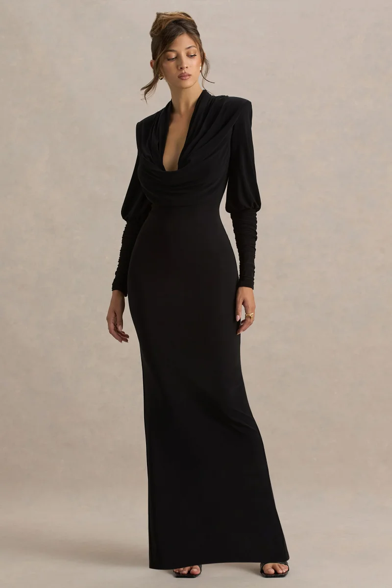 Kaylee | Vestido largo negro con mangas largas y escote profundo - Imagen 5