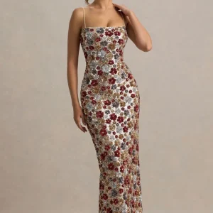 Vitora | Vestido largo rojo de lentejuelas con estampado floral y escote cuadrado