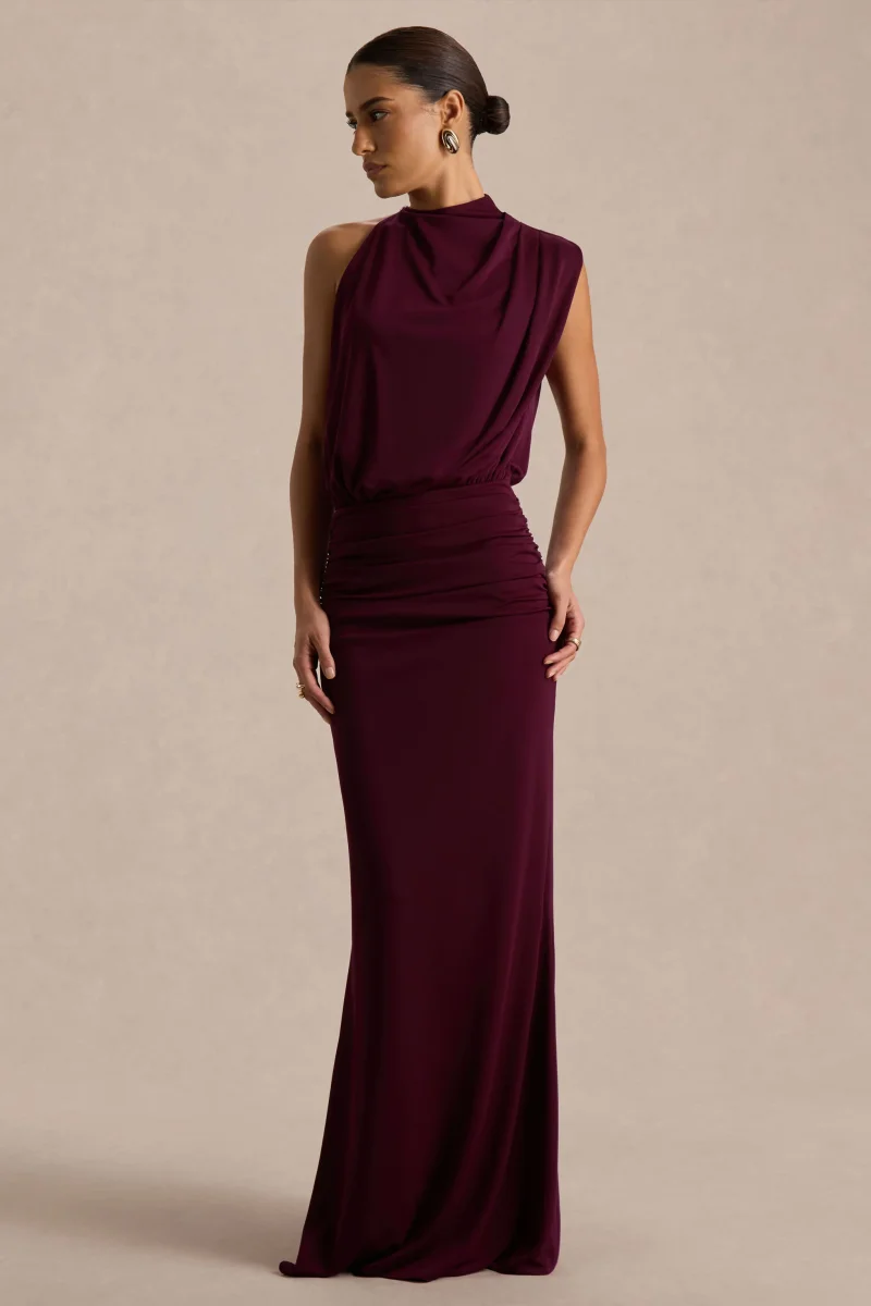 Umaira | Vestido largo burdeos con escote alto - Imagen 6