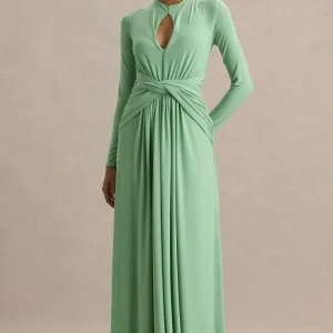 With Me | Vestido largo verde de cuello alto con frunces y aberturas