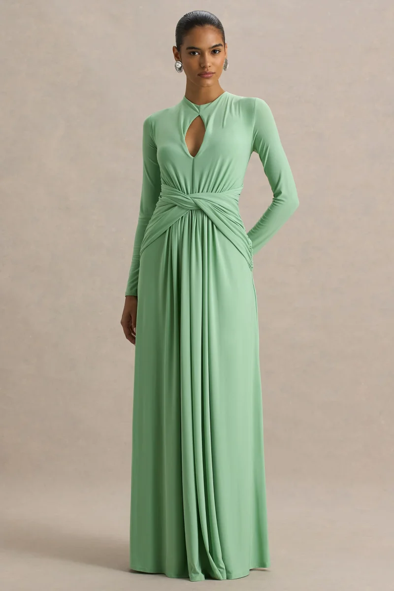 With Me | Vestido largo verde de cuello alto con frunces y aberturas - Imagen 2