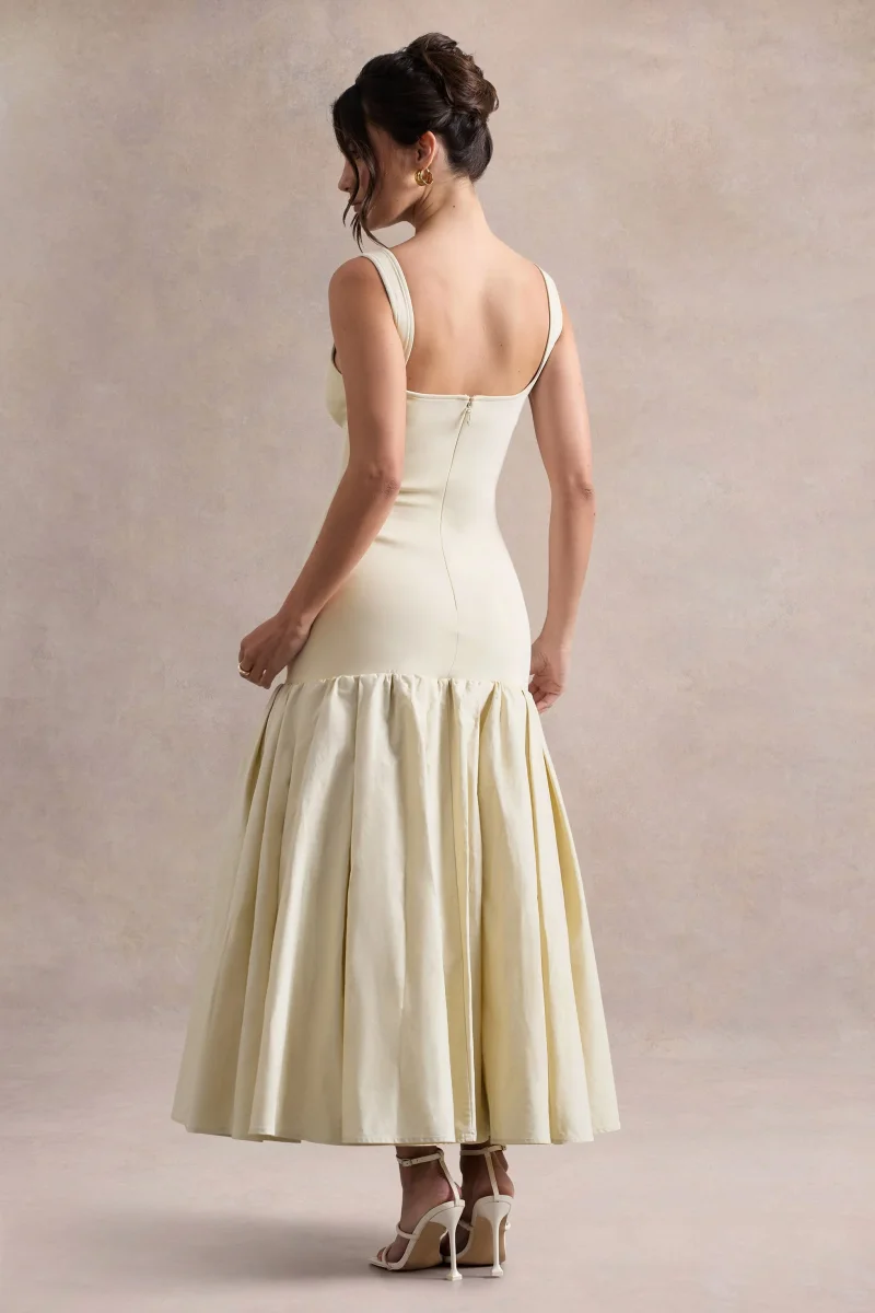Parida | Vestido midi de popelina en crema con cintura caída y dobladillo con volante - Imagen 5
