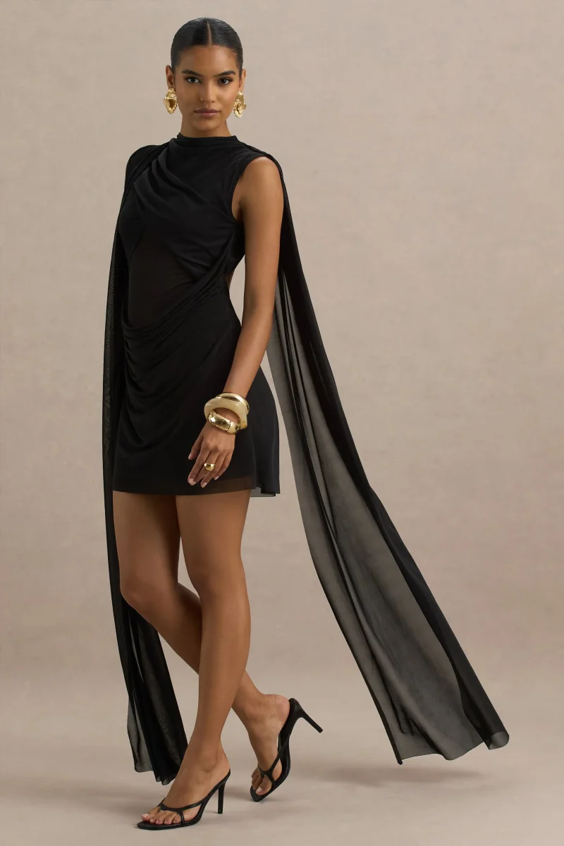 Riad | Vestido corto negro de gasa con cuerpo transparente y capa de mangas dobles. - Imagen 6