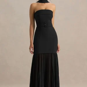 Jaquetta | Vestido largo negro con cinturón y falda plisada de gasa