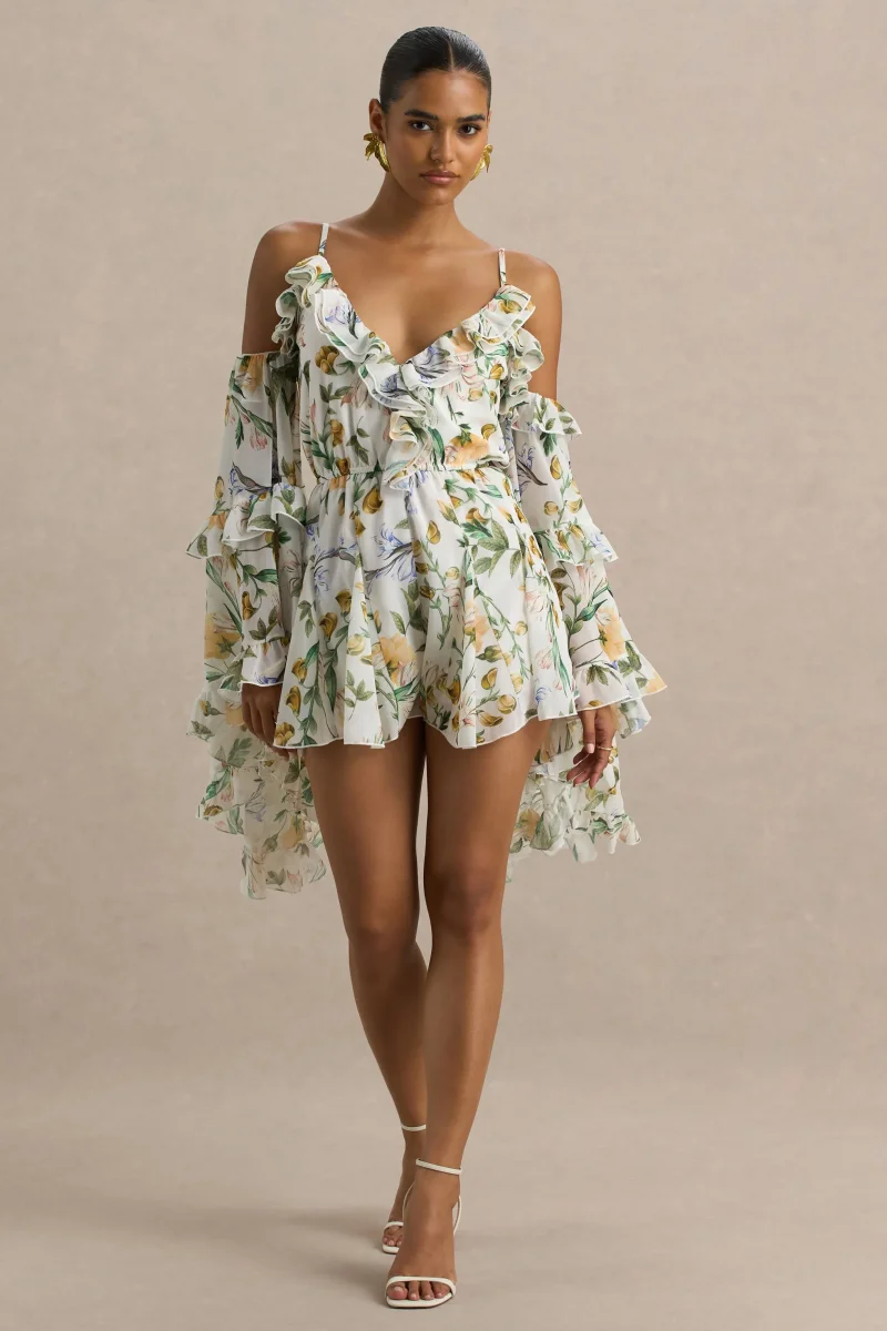 Anaya | Mono Corto De Gasa Con Estampado Floral En Color Limón Y Mangas Largas - Imagen 4