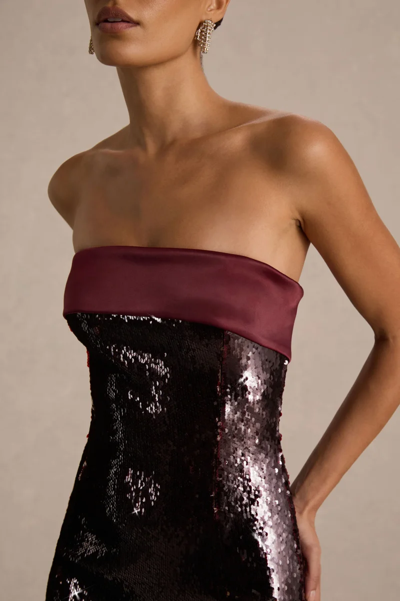 Casandra | Vestido Corto bandeau con lentejuelas burdeos y ribete de satén - Imagen 4