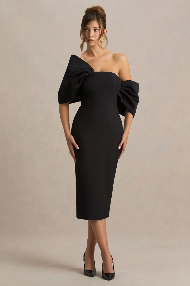 Lucille | Vestido midi negro con escote bardot asimétrico - Imagen 3