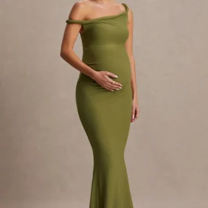 Lita | Vestido Largo premamá color oliva con escote asimétrico retorcido