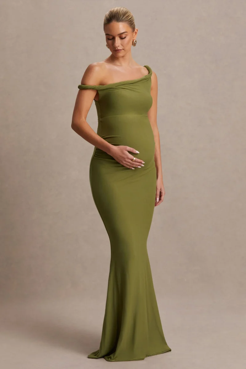 Lita | Vestido Largo premamá color oliva con escote asimétrico retorcido