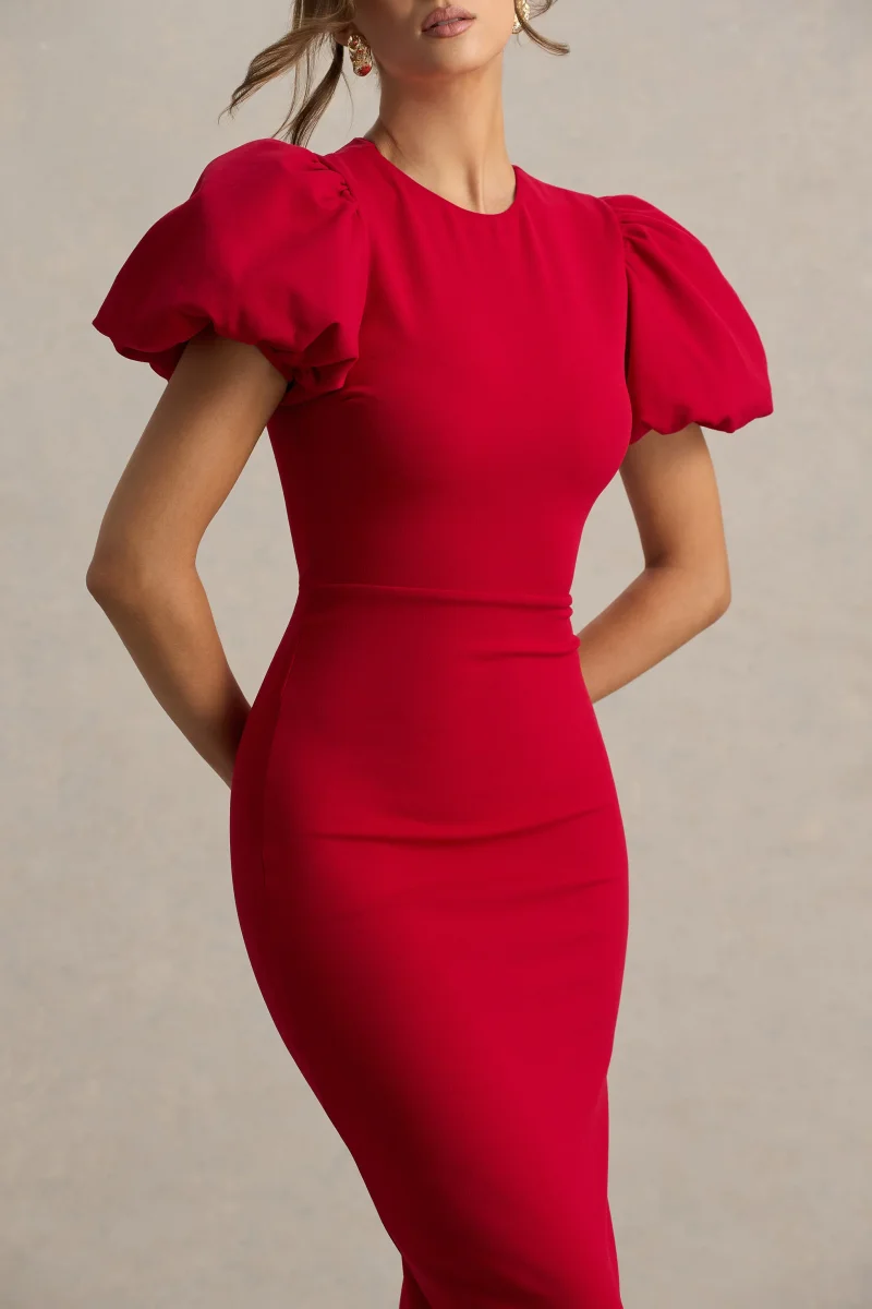 Dakota | Vestido midi rojo con mangas abullonadas - Imagen 6