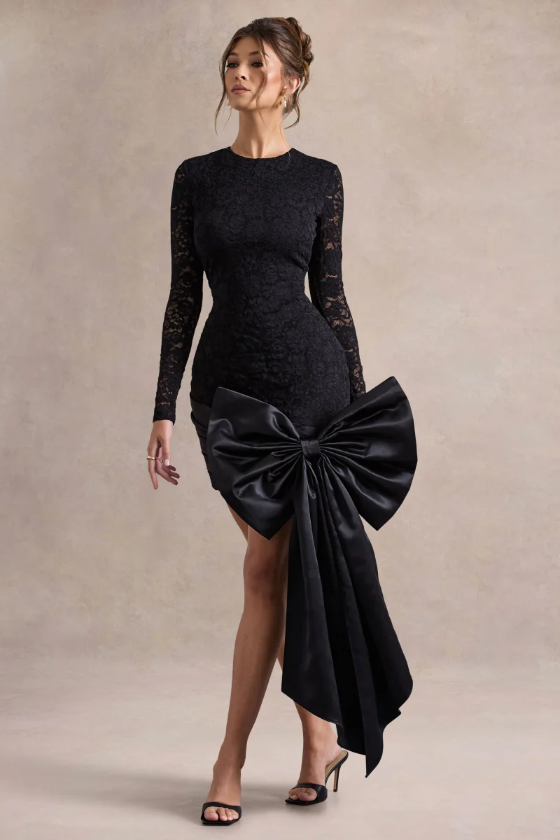 Evry | Vestido corto de encaje negro con mangas largas y lazo grande de satén - Imagen 7
