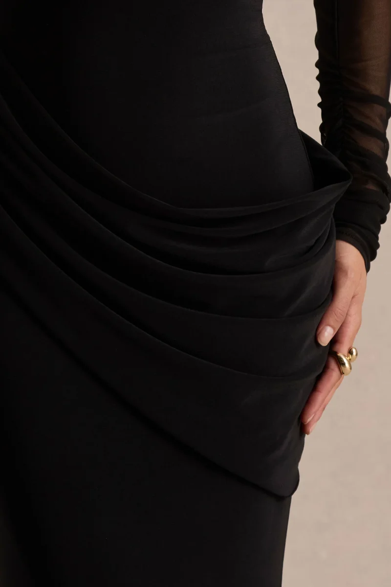 Deema | Vestido Largo Negro de Jersey y Malla con Cuello Alto - Imagen 4